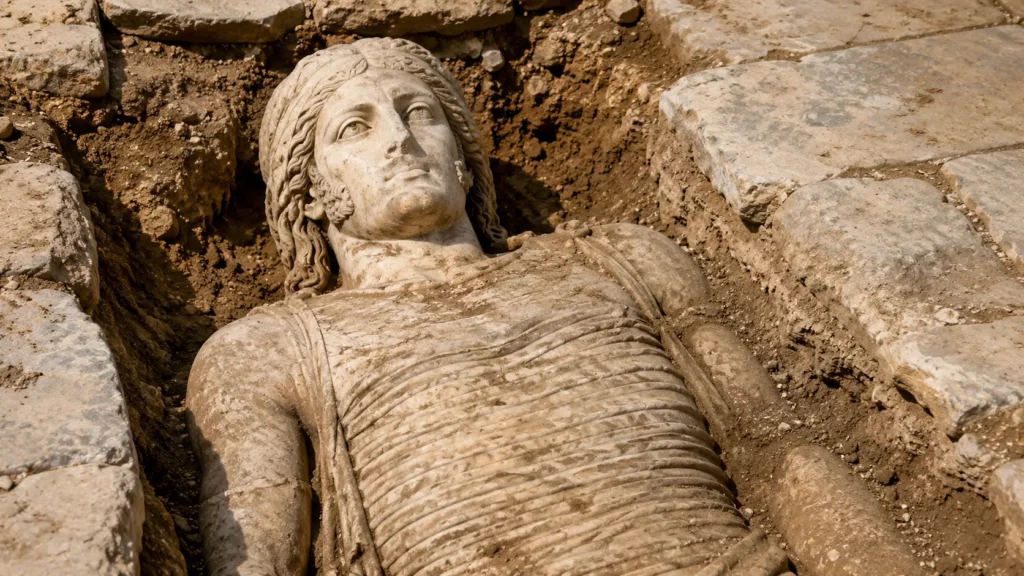 Une statue masculine lydienne vieille de 2500 ans apparaît dans une tranchée de fouilles parmi les pavés antiques de Sardes.