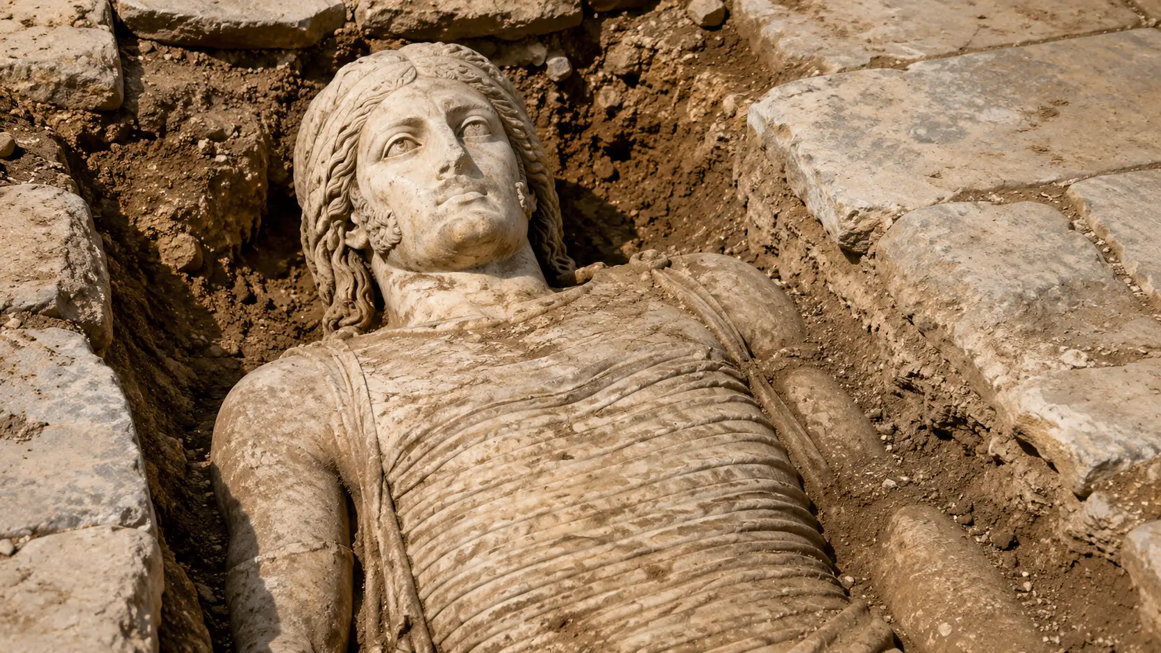 Une statue masculine lydienne vieille de 2500 ans apparaît dans une tranchée de fouilles parmi les pavés antiques de Sardes.