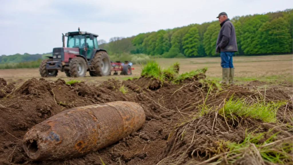 Ancien obus de la Première Guerre mondiale découvert dans un champ labouré en France, avec un agriculteur et un tracteur à proximité.