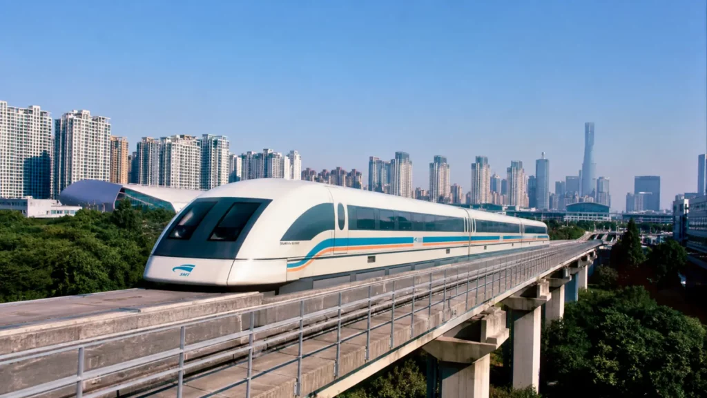 Train maglev de Shanghai circulant sur une voie surélevée avec les gratte-ciel de la ville en arrière-plan.