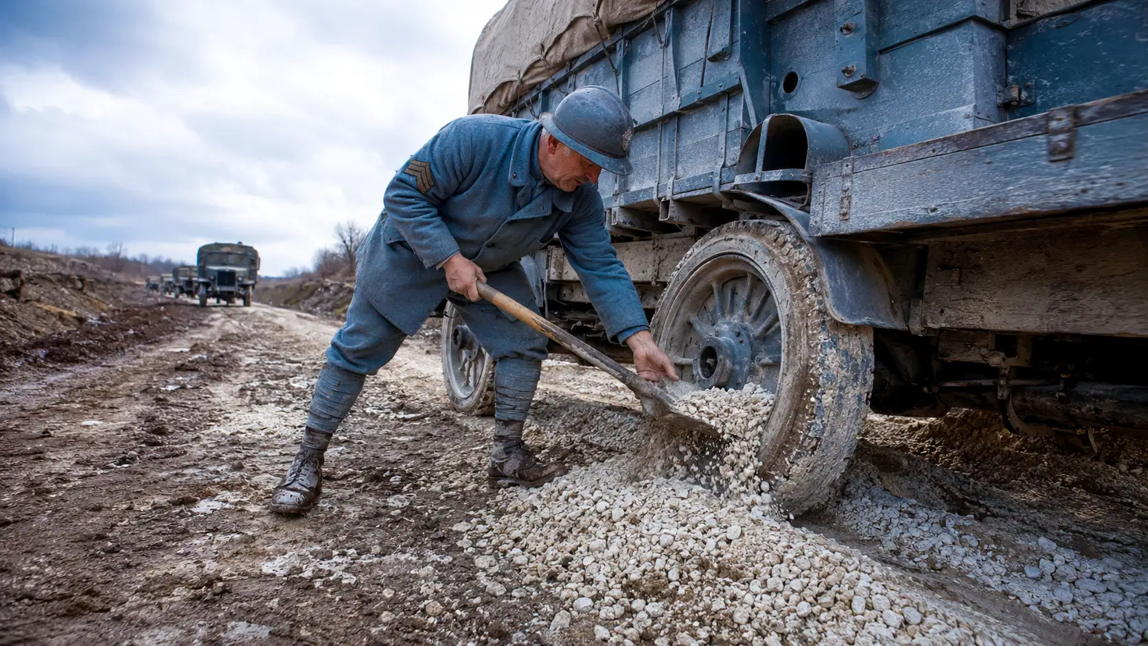 Un soldat territorial français répand du calcaire à la pelle sous les roues d’un camion militaire sur la Voie Sacrée pendant la bataille de Verdun en 1916.