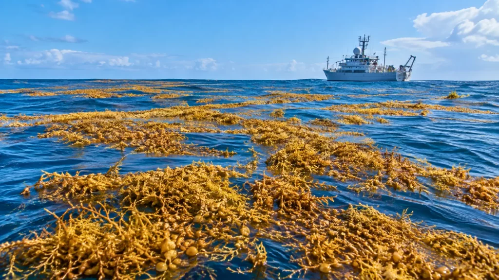 Vastes nappes de sargasses flottant à la surface de l’Atlantique près d’un navire de recherche scientifique.