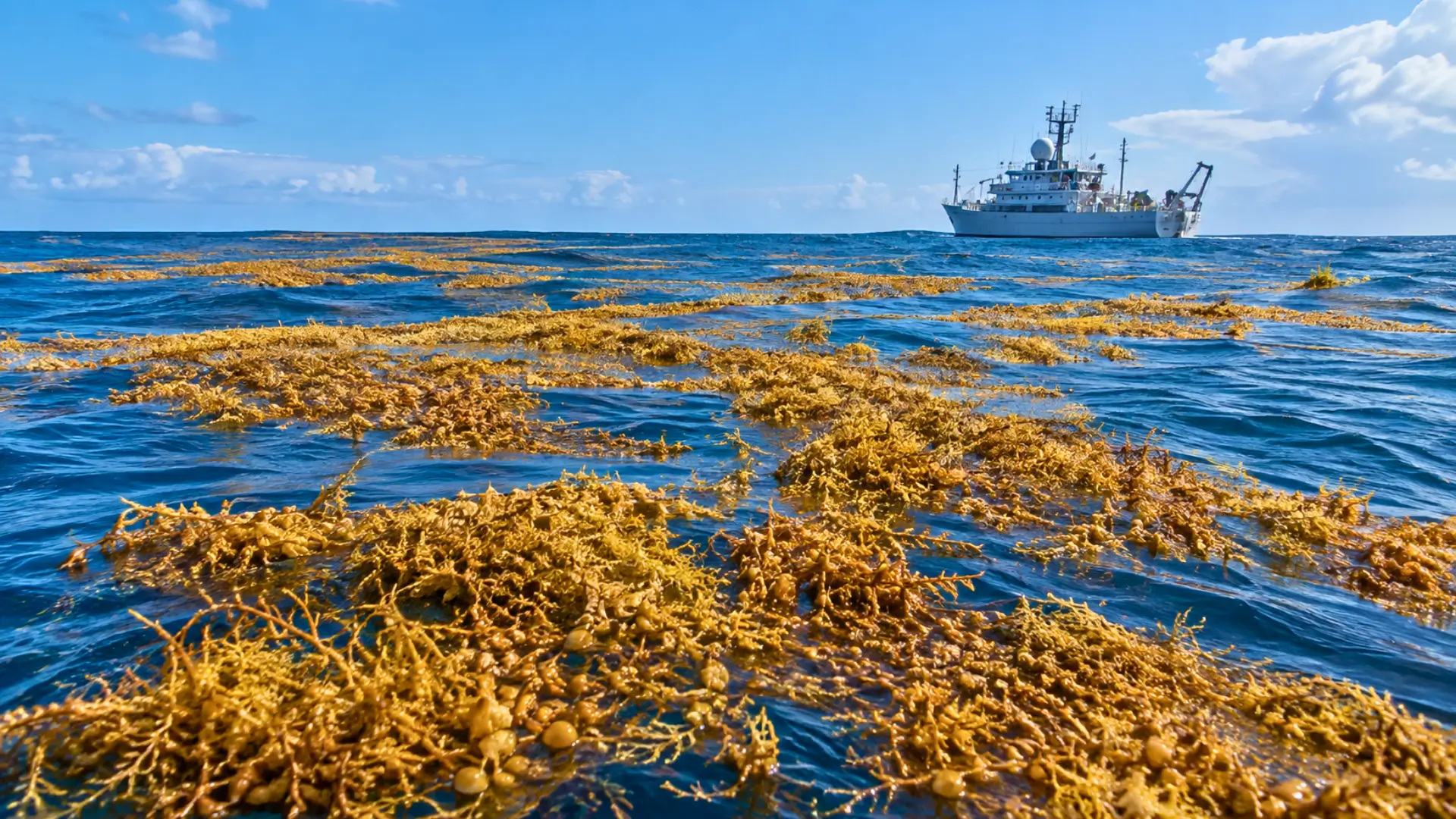 Vastes nappes de sargasses flottant à la surface de l’Atlantique près d’un navire de recherche scientifique.