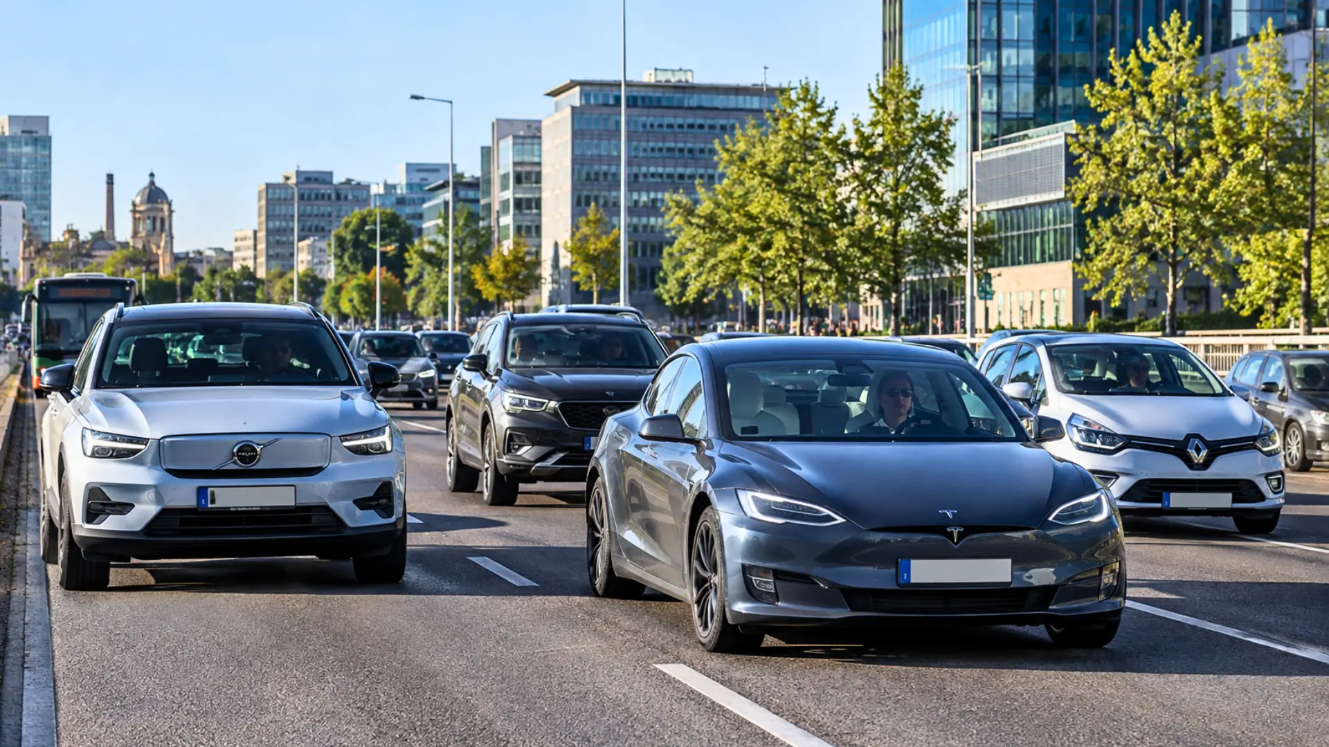 Circulation de voitures récentes, dont plusieurs modèles électriques, sur un grand axe urbain européen.