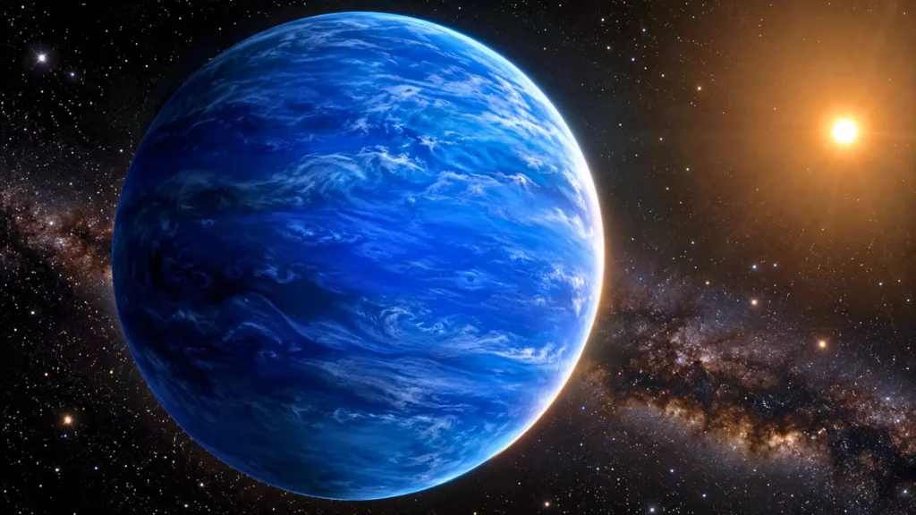 Vue réaliste de l’exoplanète bleue HD 189733 b éclairée par son étoile dans l’espace.