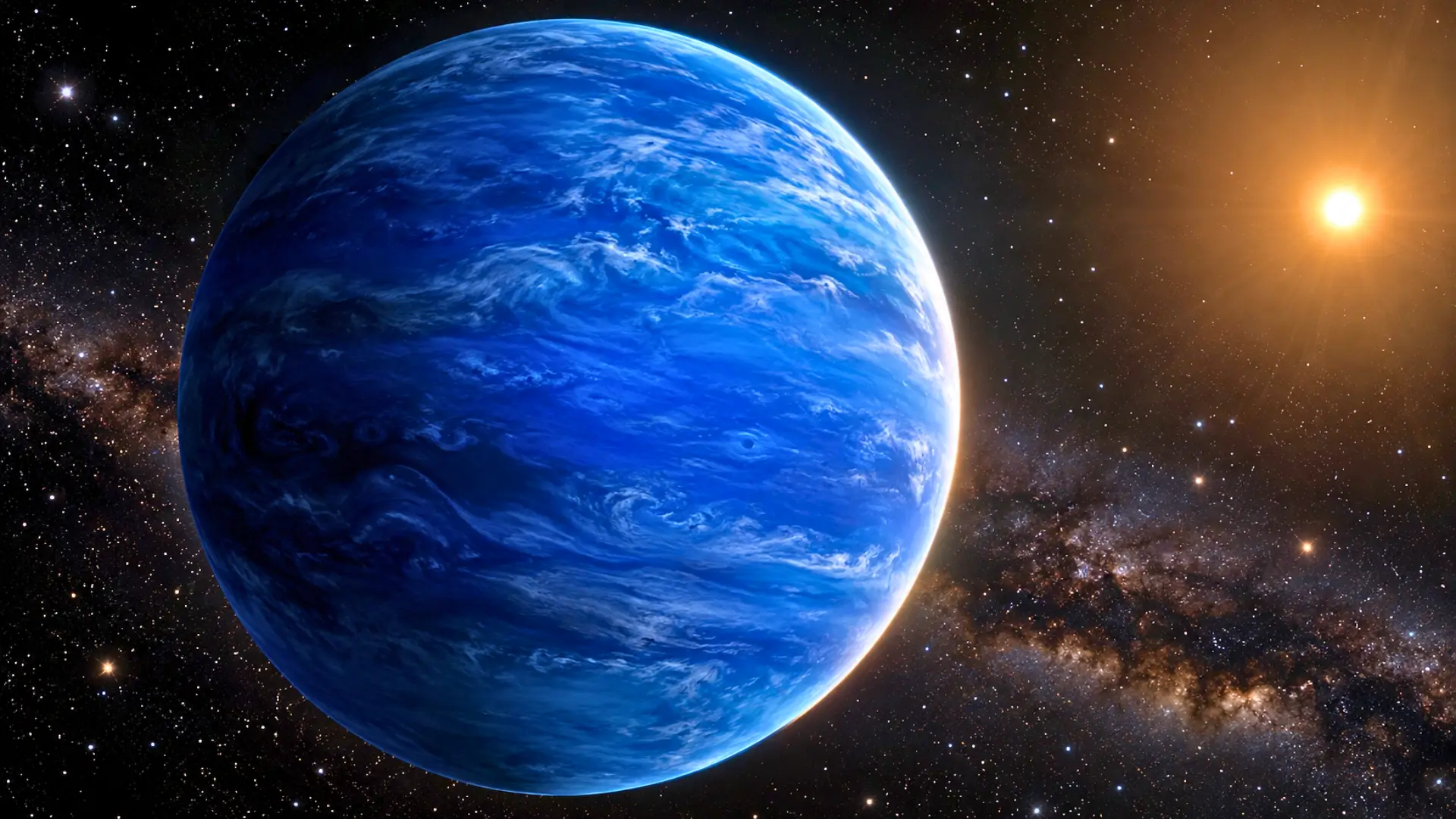 Vue réaliste de l’exoplanète bleue HD 189733 b éclairée par son étoile dans l’espace.