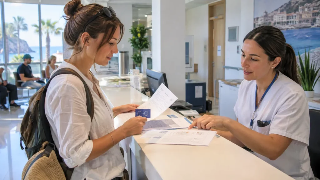 Voyageuse française présentant sa carte européenne d’assurance maladie et ses documents après une consultation dans un centre médical en Espagne.