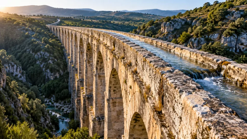 Un aqueduc romain monumental transporte de l’eau au-dessus d’une vallée grâce à une pente régulière et sans pompe mécanique.