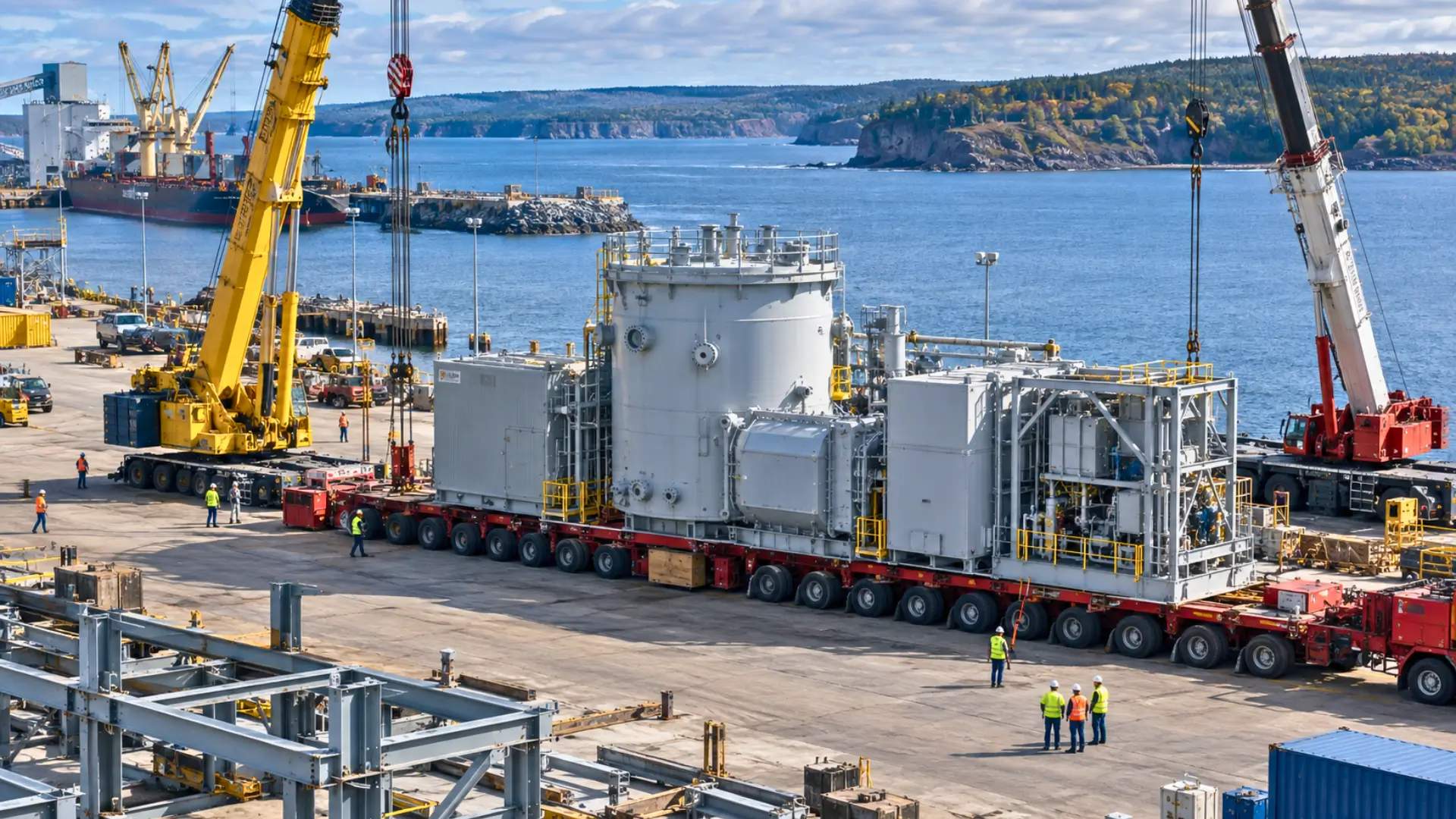 Centrale nucléaire transportable de 50 MW sur une plateforme industrielle au port de Belledune, entourée de grues et de travailleurs.