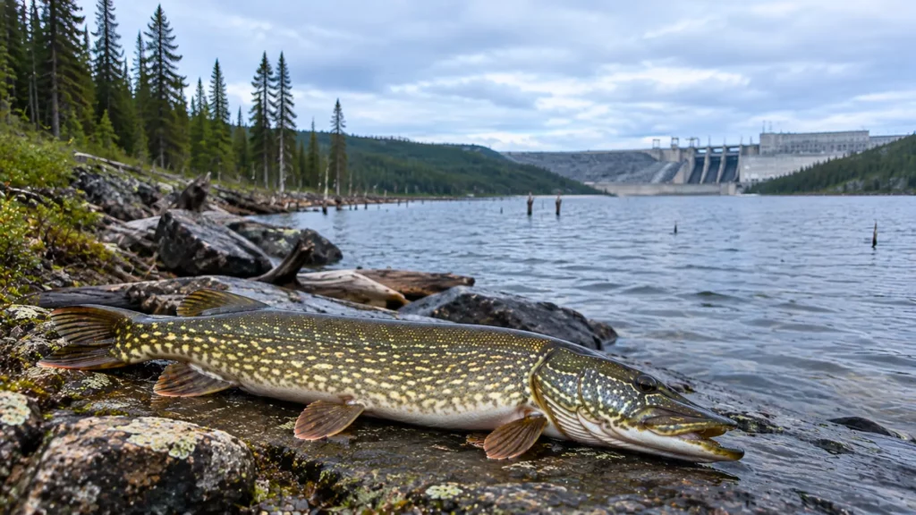 Grand brochet posé sur des rochers au bord d’un réservoir hydroélectrique de la Baie-James, avec forêt boréale, troncs immergés et barrage en arrière-plan.