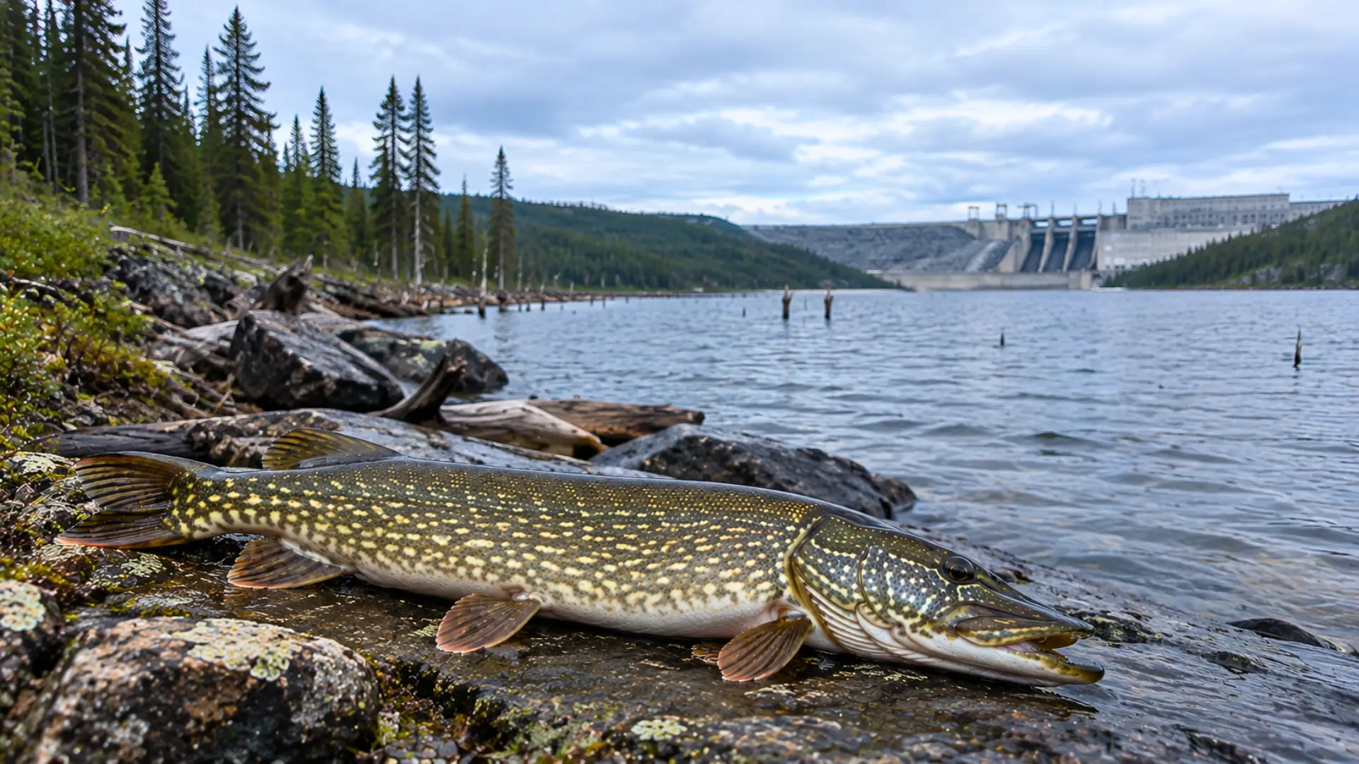 Grand brochet posé sur des rochers au bord d’un réservoir hydroélectrique de la Baie-James, avec forêt boréale, troncs immergés et barrage en arrière-plan.