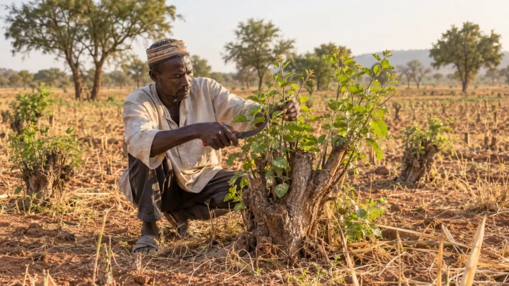 Agriculteur du Sahel taillant de jeunes pousses d’arbres régénérées naturellement à partir d’une vieille souche dans un champ semi-aride.