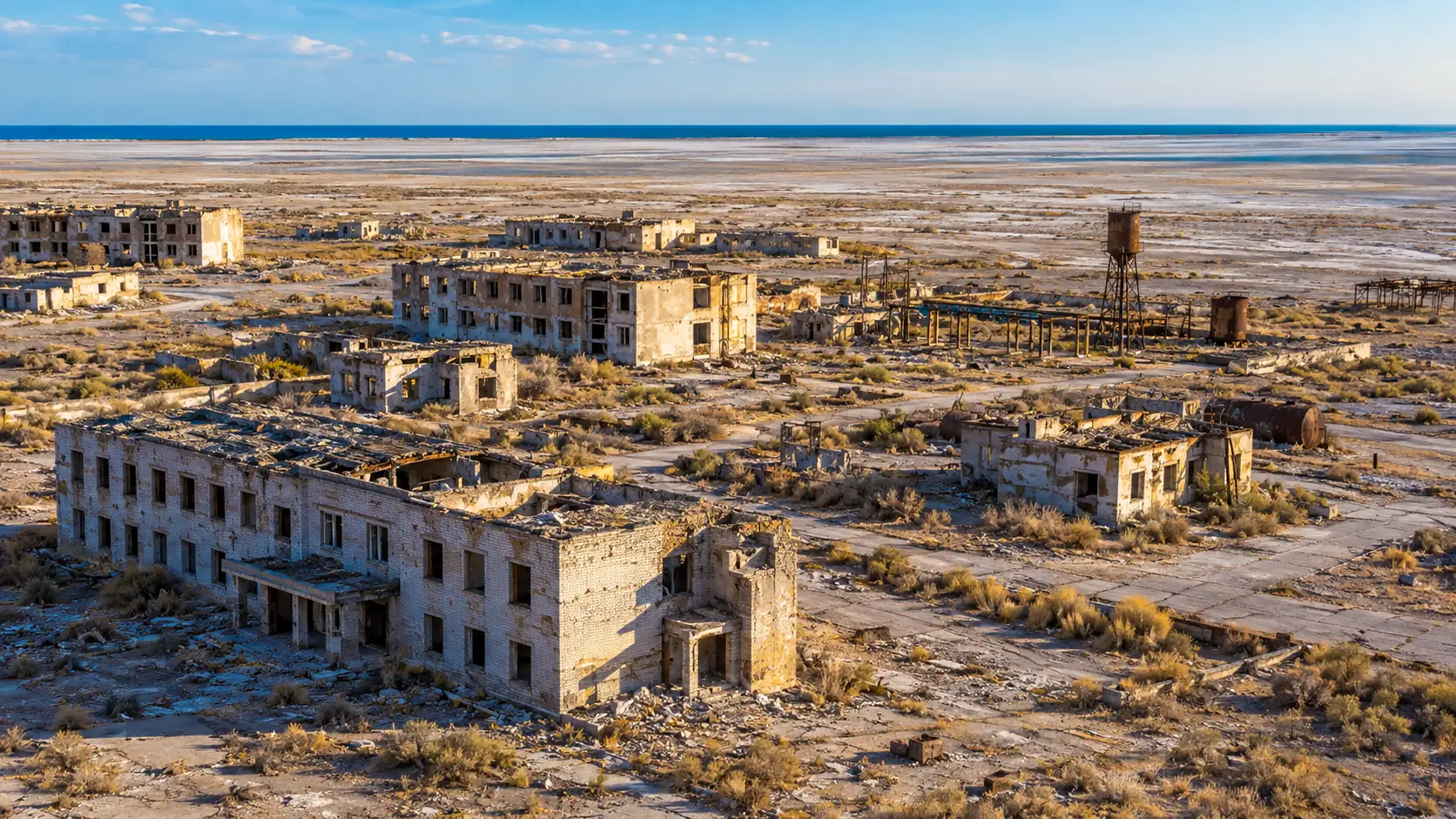 Ruines soviétiques abandonnées sur l’ancienne île de Vozrojdenia, près de la mer d’Aral.