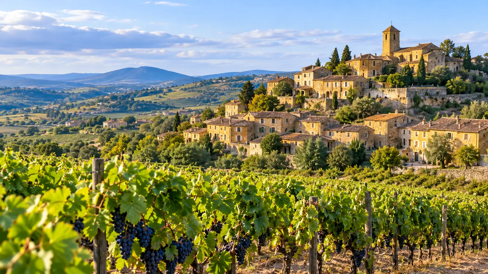 Vignobles du Beaujolais devant un village de pierres dorées baigné de lumière.