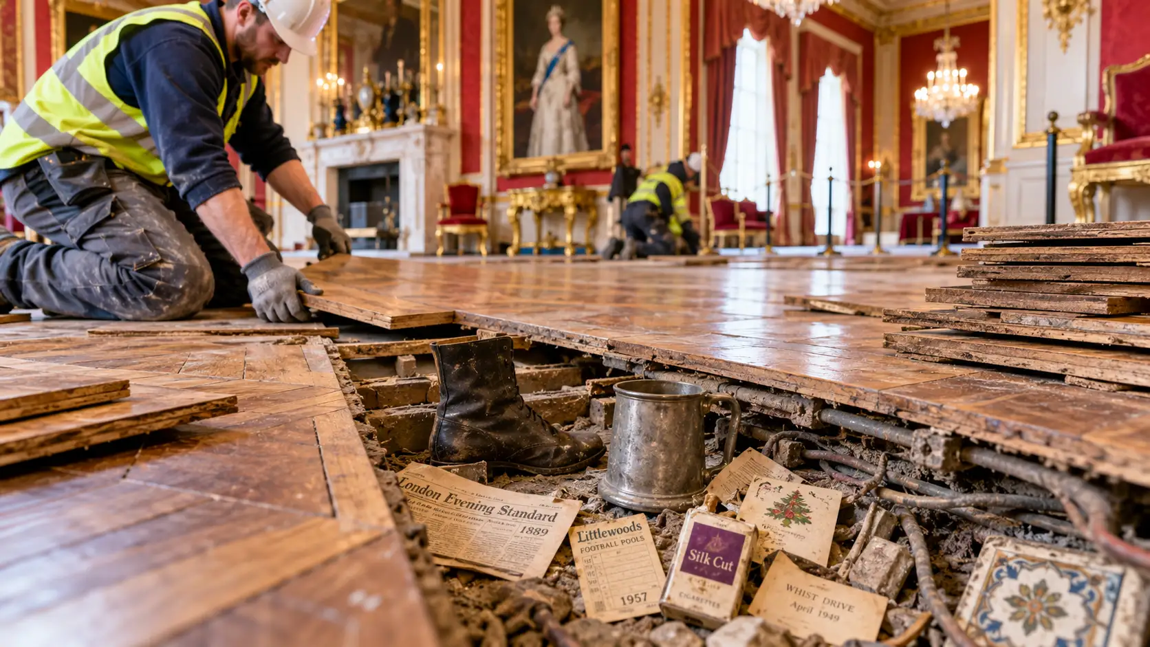 Parquet soulevé à Buckingham Palace révélant anciens câbles, botte et objets oubliés.