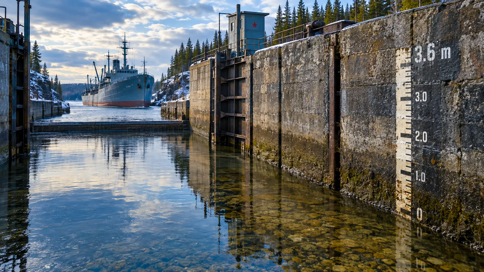 Une écluse du canal de la mer Blanche avec une jauge limitée à 3,6 mètres et un navire soviétique bloqué en arrière-plan.