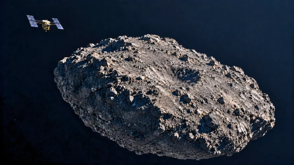 Astéroïde Ryugu montrant le cratère créé par l’impacteur de Hayabusa2, avec la sonde spatiale à proximité.