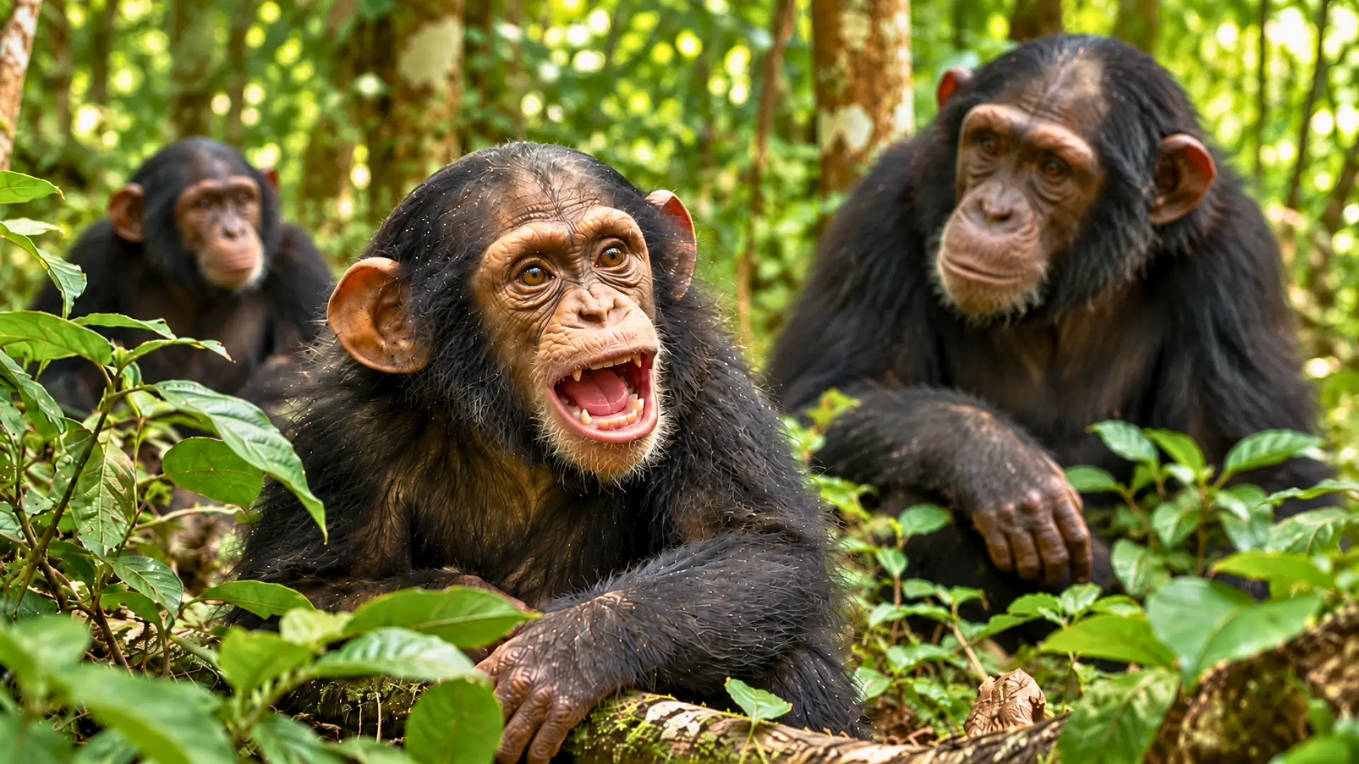 Jeune chimpanzé vocalisant dans une forêt luxuriante avec deux autres chimpanzés en arrière-plan.