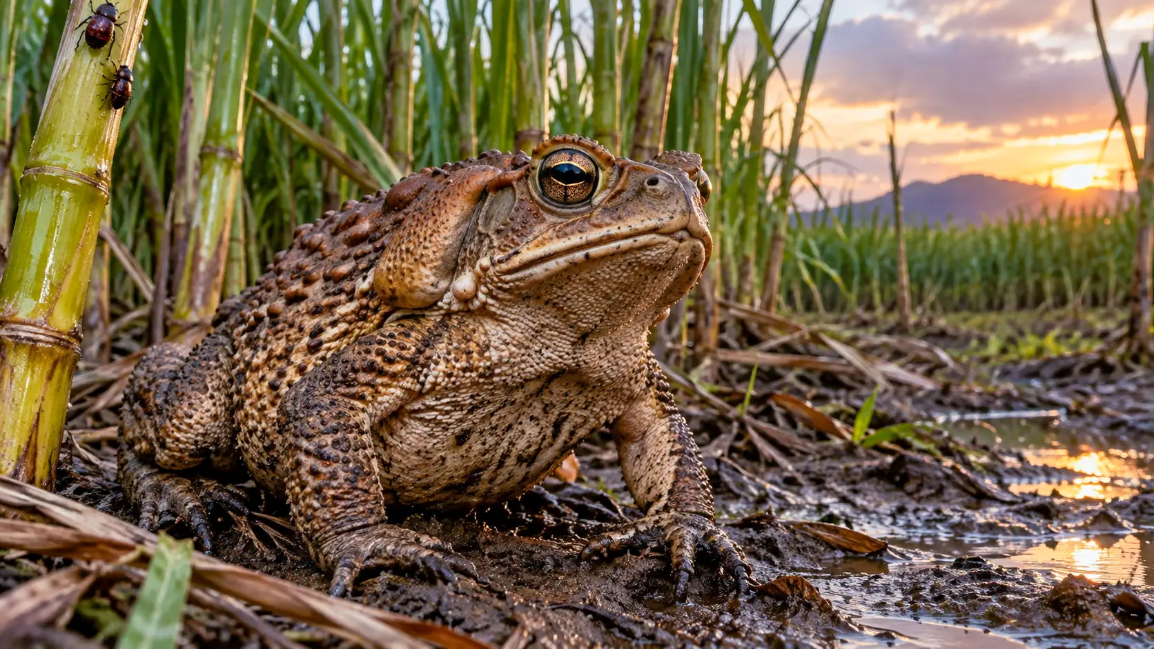 Un crapaud buffle dans une plantation de canne à sucre australienne, photographié au ras du sol dans un environnement humide.