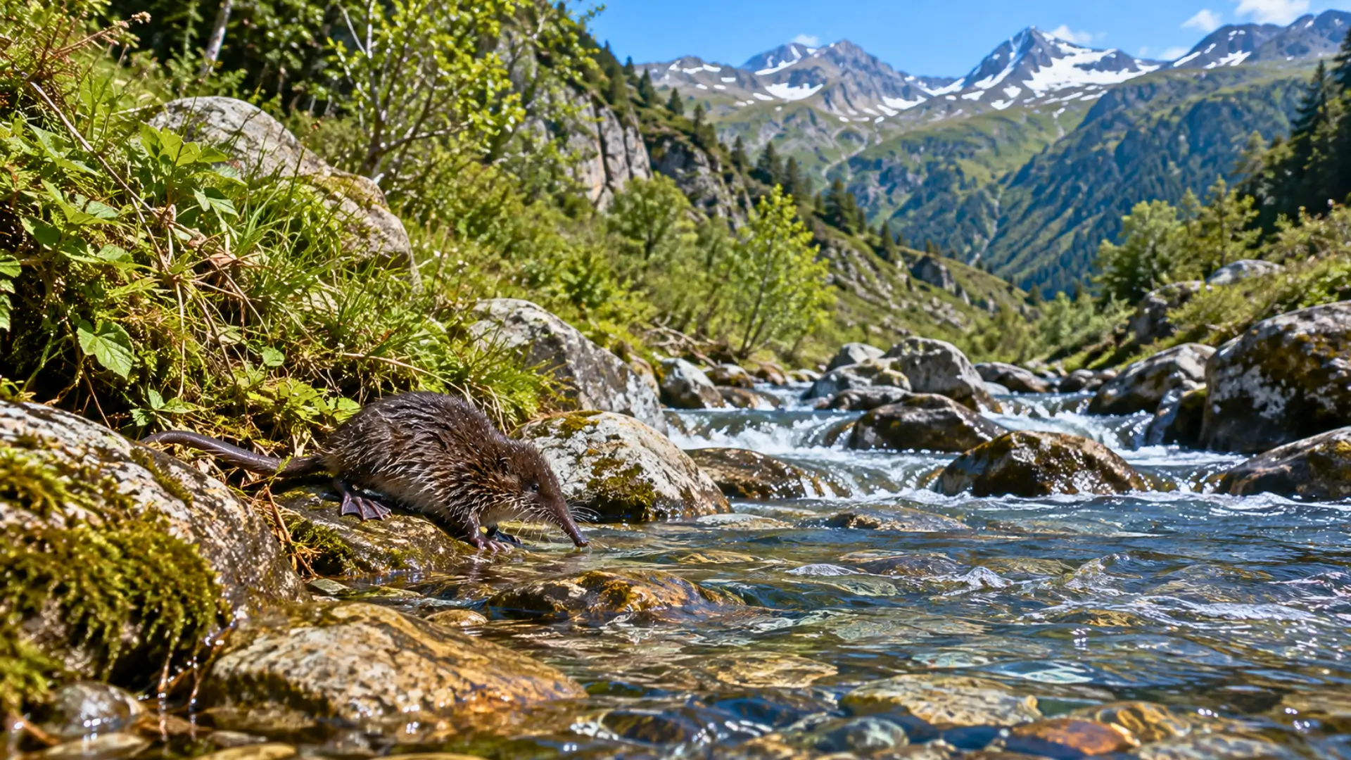 Desman des Pyrénées au bord d’un torrent de montagne dans les Pyrénées