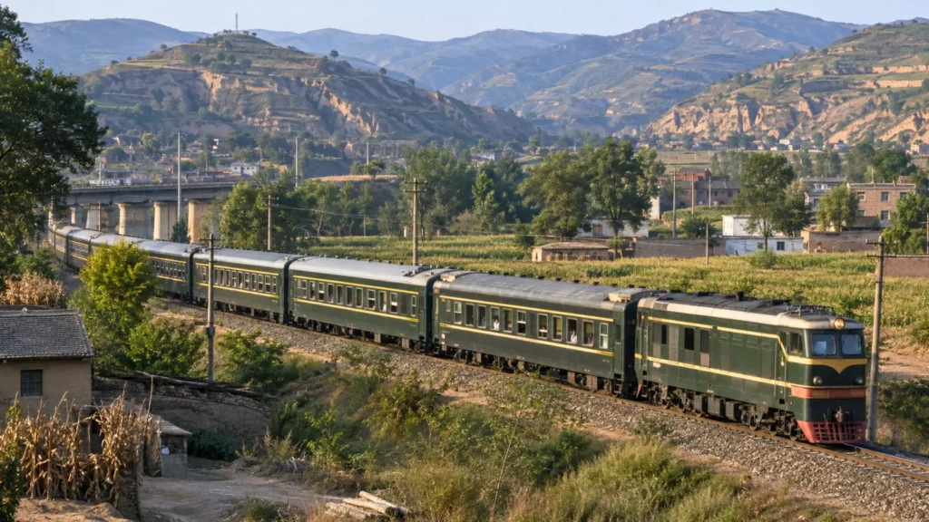 Ancien train de voyageurs vert circulant dans une vallée rurale du Shanxi en Chine, entouré de champs, villages et collines de loess.
