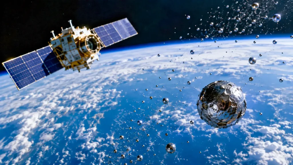Des gouttelettes métalliques dérivent en orbite près d’un satellite au-dessus de la Terre.