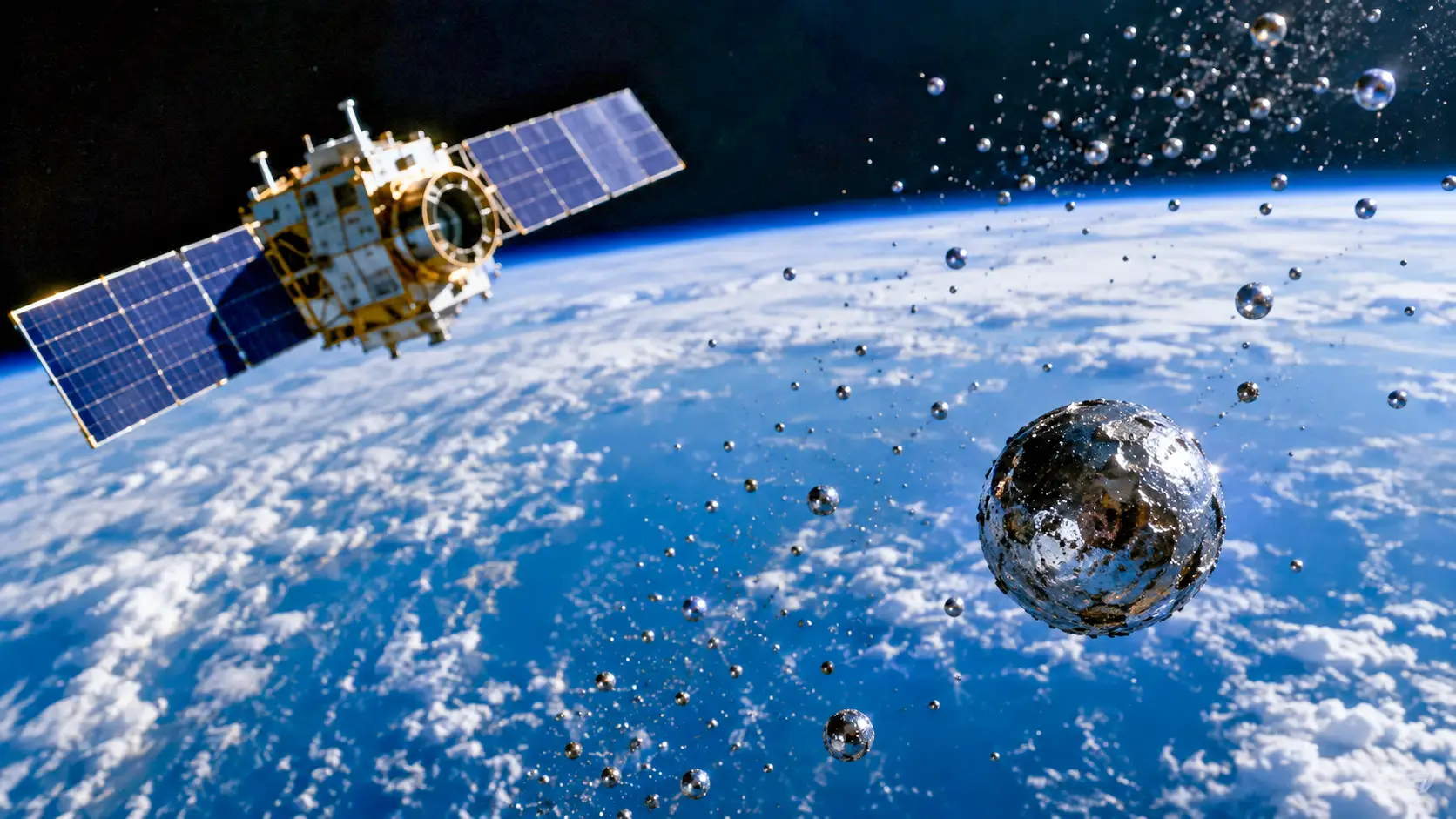 Des gouttelettes métalliques dérivent en orbite près d’un satellite au-dessus de la Terre.