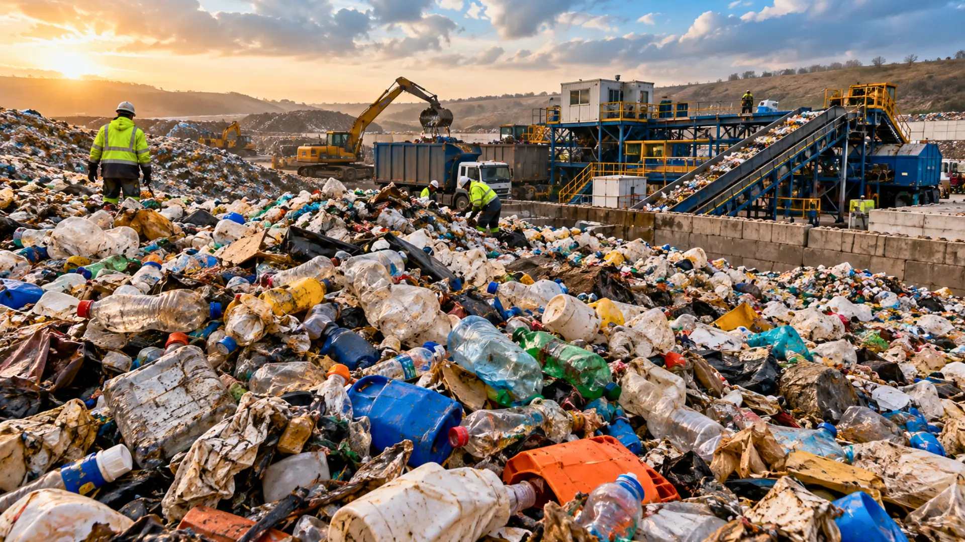 Déchets plastiques accumulés dans un centre de traitement et de recyclage avec ouvriers et machines de tri.