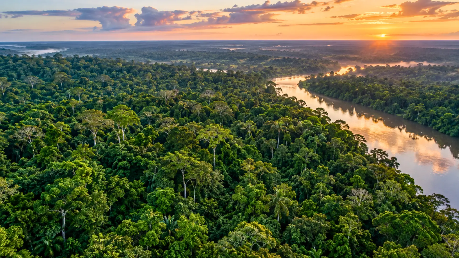 Vue aérienne de la forêt amazonienne traversée par un fleuve au coucher du soleil au Brésil.