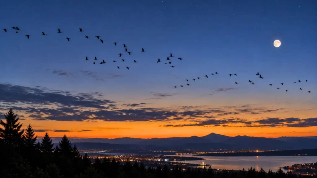 Vol d’oiseaux migrateurs dans le ciel nocturne au-dessus d’un paysage montagneux éclairé par la lune