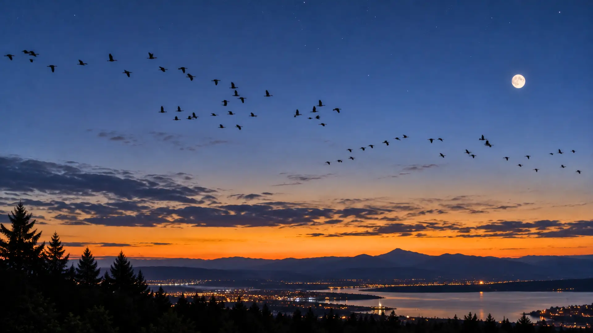 Vol d’oiseaux migrateurs dans le ciel nocturne au-dessus d’un paysage montagneux éclairé par la lune