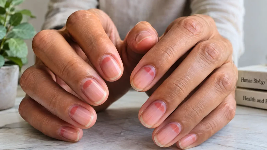 Gros plan sur des mains montrant plusieurs ongles avec des lunules rouges à la base, dans un cadre sobre et réaliste.