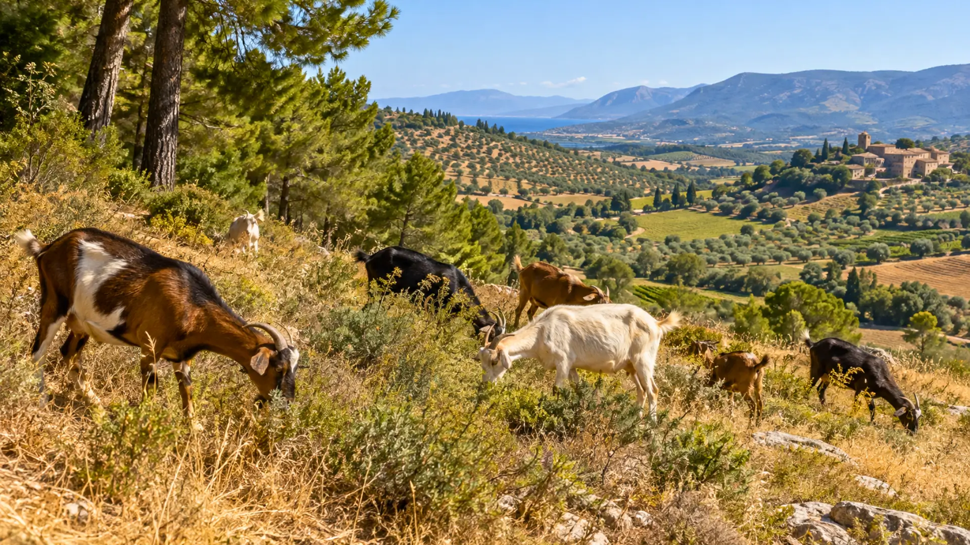 Troupeau de chèvres broutant des herbes sèches et des arbustes dans un paysage agricole méditerranéen composé d’oliveraies, de vignobles et de forêts.