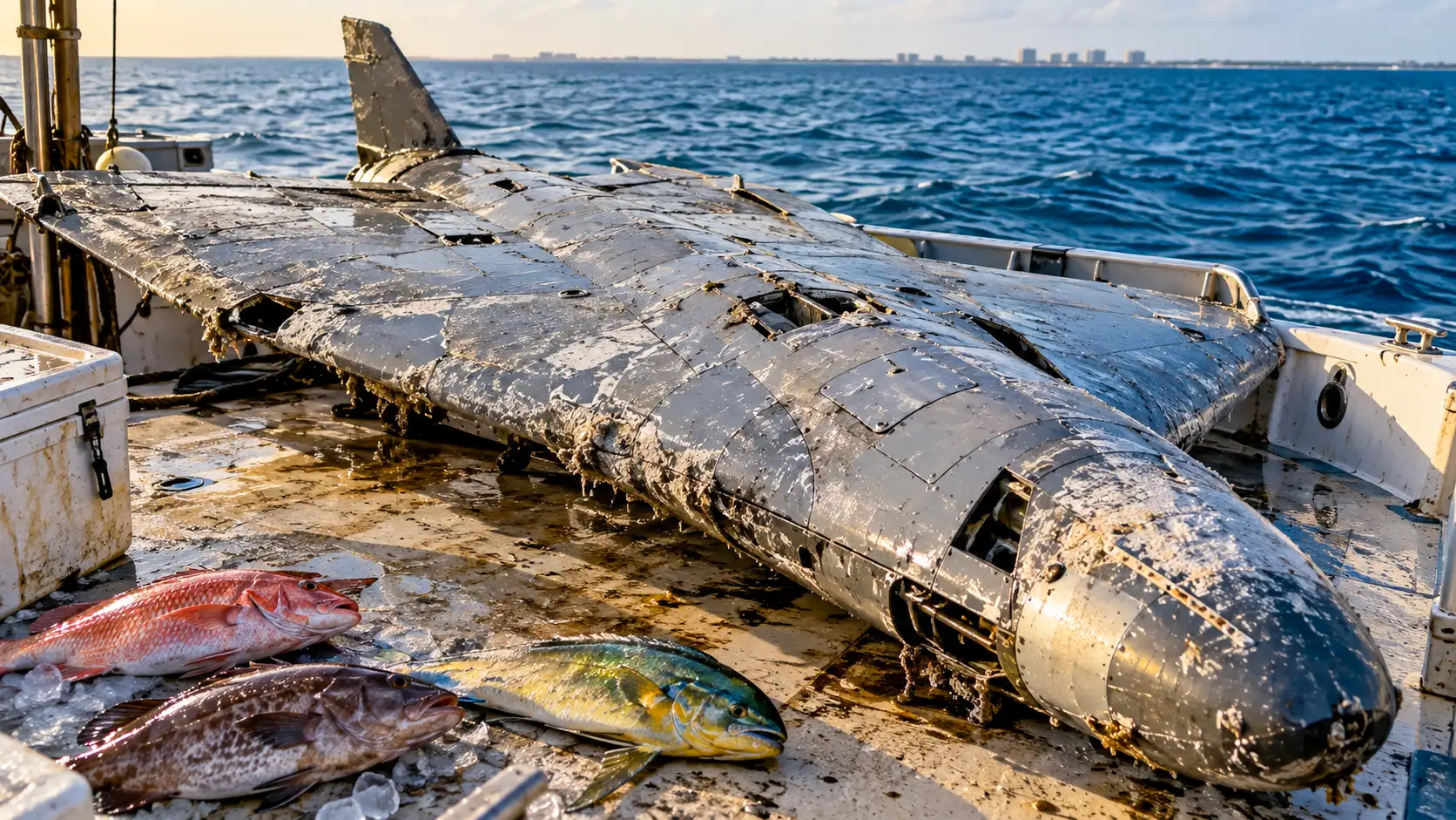 Un drone militaire gris récupéré en mer repose sur le pont d’un bateau de pêche, entouré de poissons fraîchement capturés au large de la Floride.