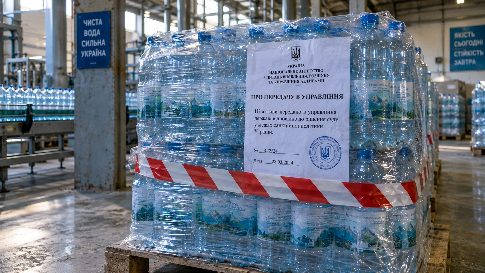 Une palette de bouteilles d’eau minérale placée sous contrôle administratif dans une usine ukrainienne.