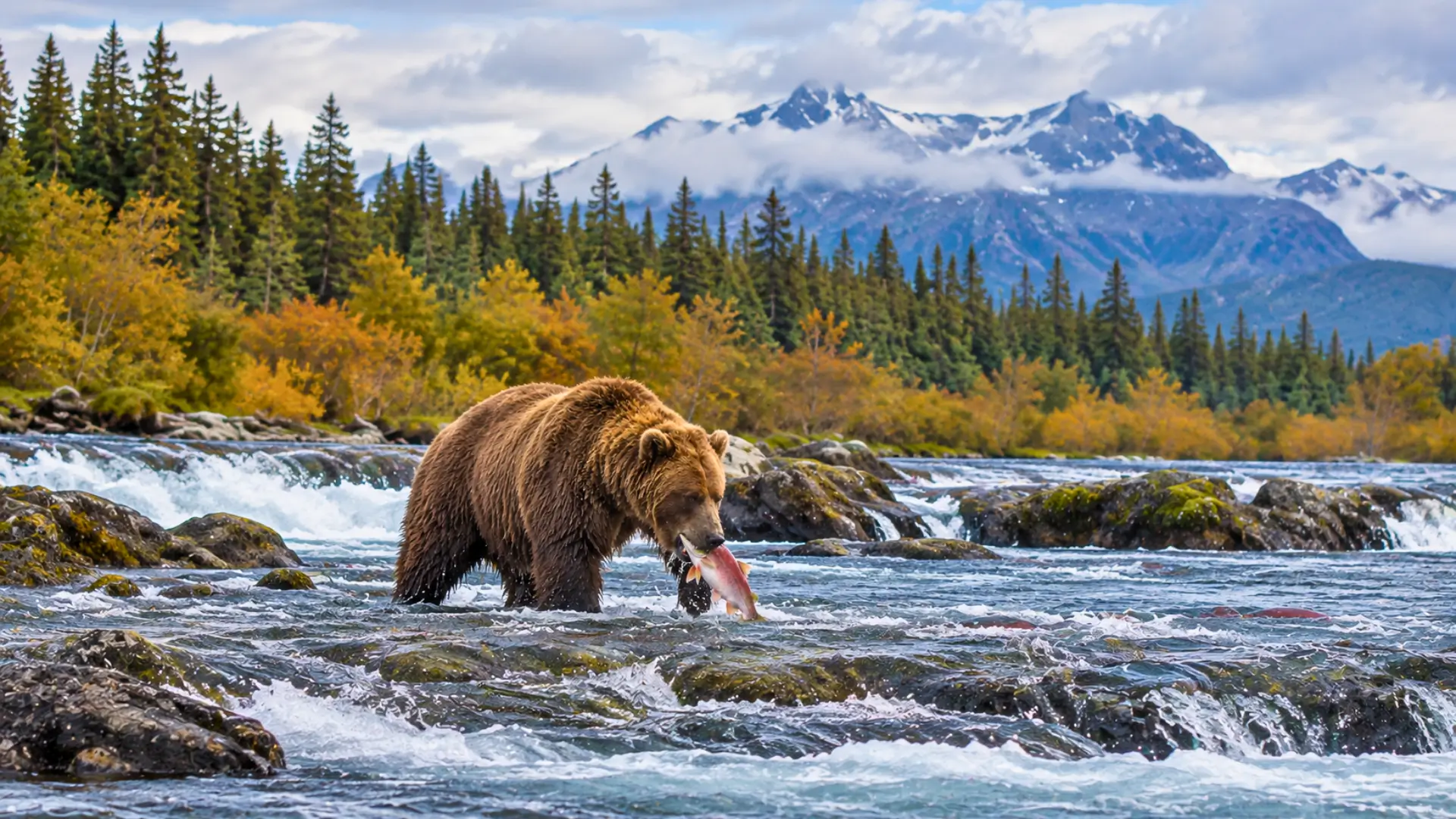 Ours brun pêchant un saumon dans une rivière du parc national de Katmai en Alaska lors de la Fat Bear Week 2026.
