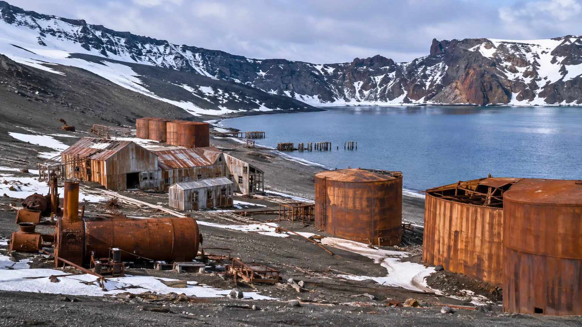 Ruines rouillées de la station baleinière de Whalers Bay sur l’île de la Déception en Antarctique, au bord d’une caldeira enneigée.