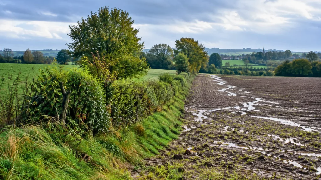 Haie bocagère séparant une prairie d’un champ boueux parcouru par des eaux de ruissellement après une forte pluie.