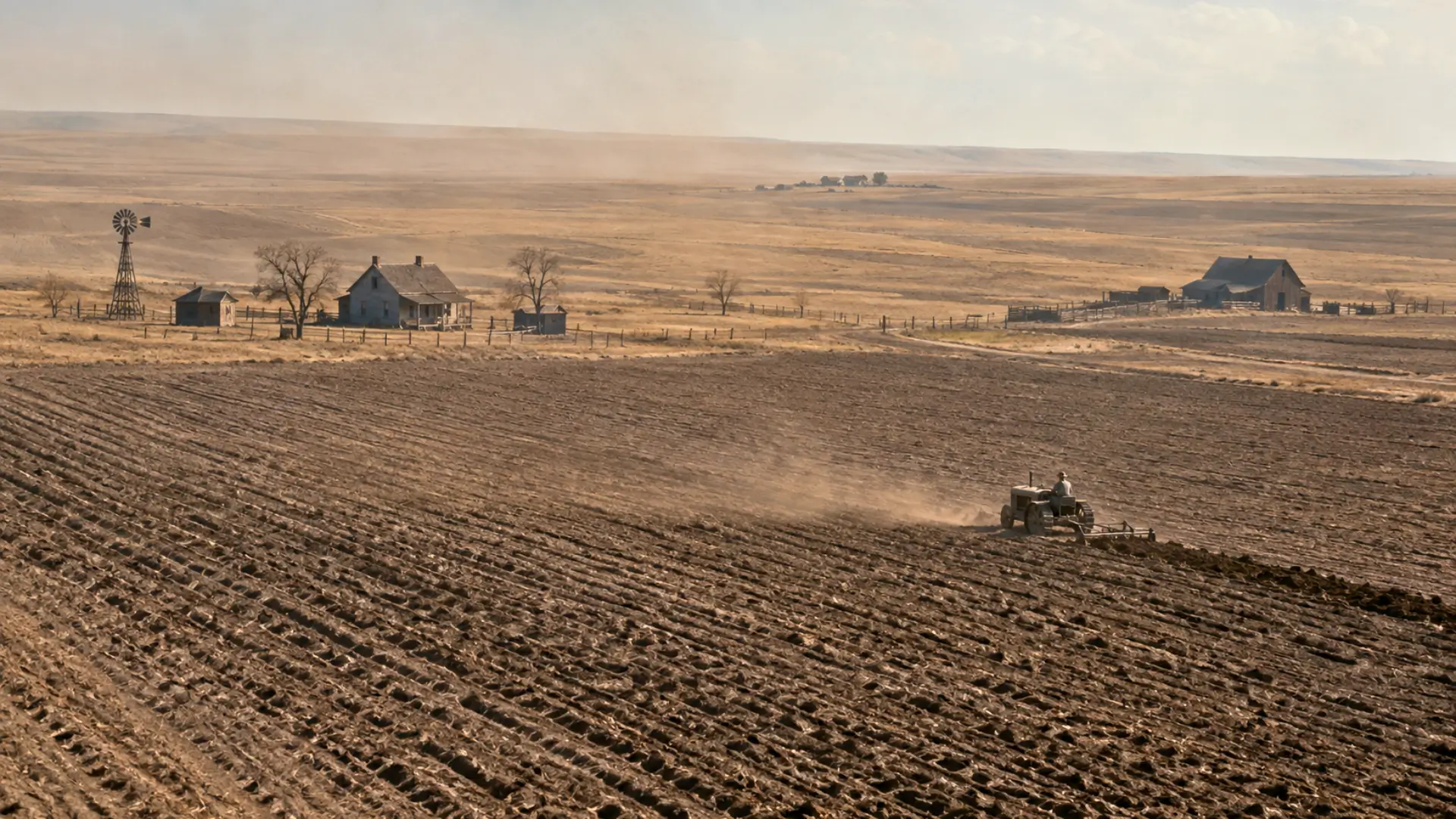 Vue aérienne d’un champ labouré des Grandes Plaines américaines pendant le Dust Bowl, avec un tracteur ancien, des fermes et une légère poussière portée par le vent.