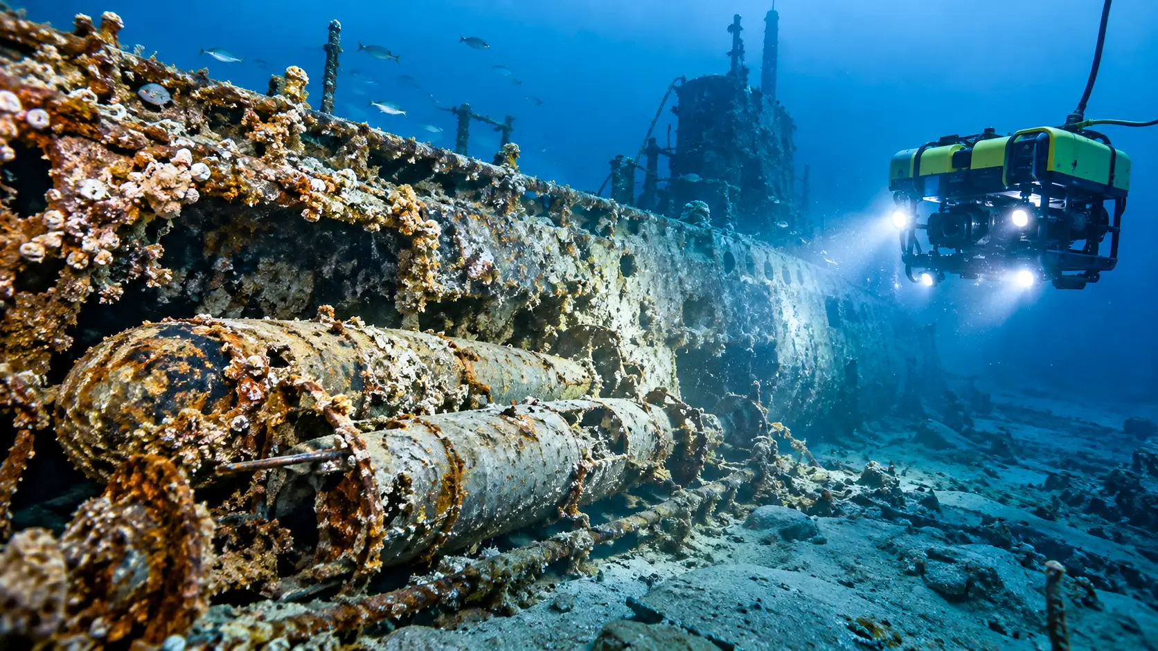 Un robot sous-marin inspecte une épave militaire rouillée entourée de munitions immergées.