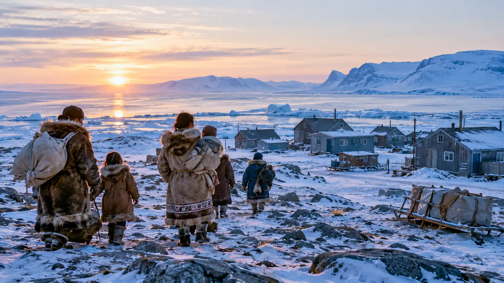 Familles inuites progressant sur une côte arctique enneigée vers un village isolé