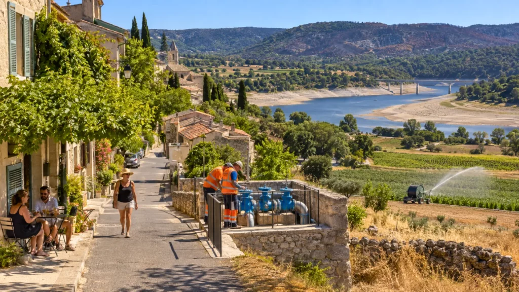 Village français confronté à la sécheresse, avec des agents inspectant le réseau d’eau, des cultures irriguées et un réservoir au niveau très bas.