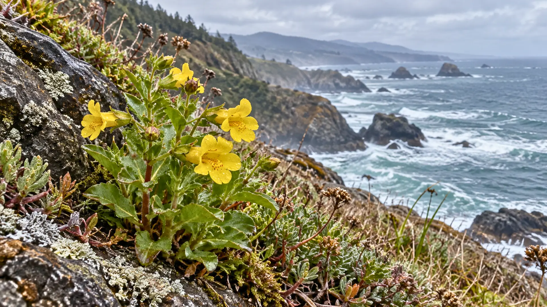 Mimulus jaune poussant sur une falaise rocheuse face à l’océan Pacifique, avec des gouttelettes d’embruns sur ses feuilles.