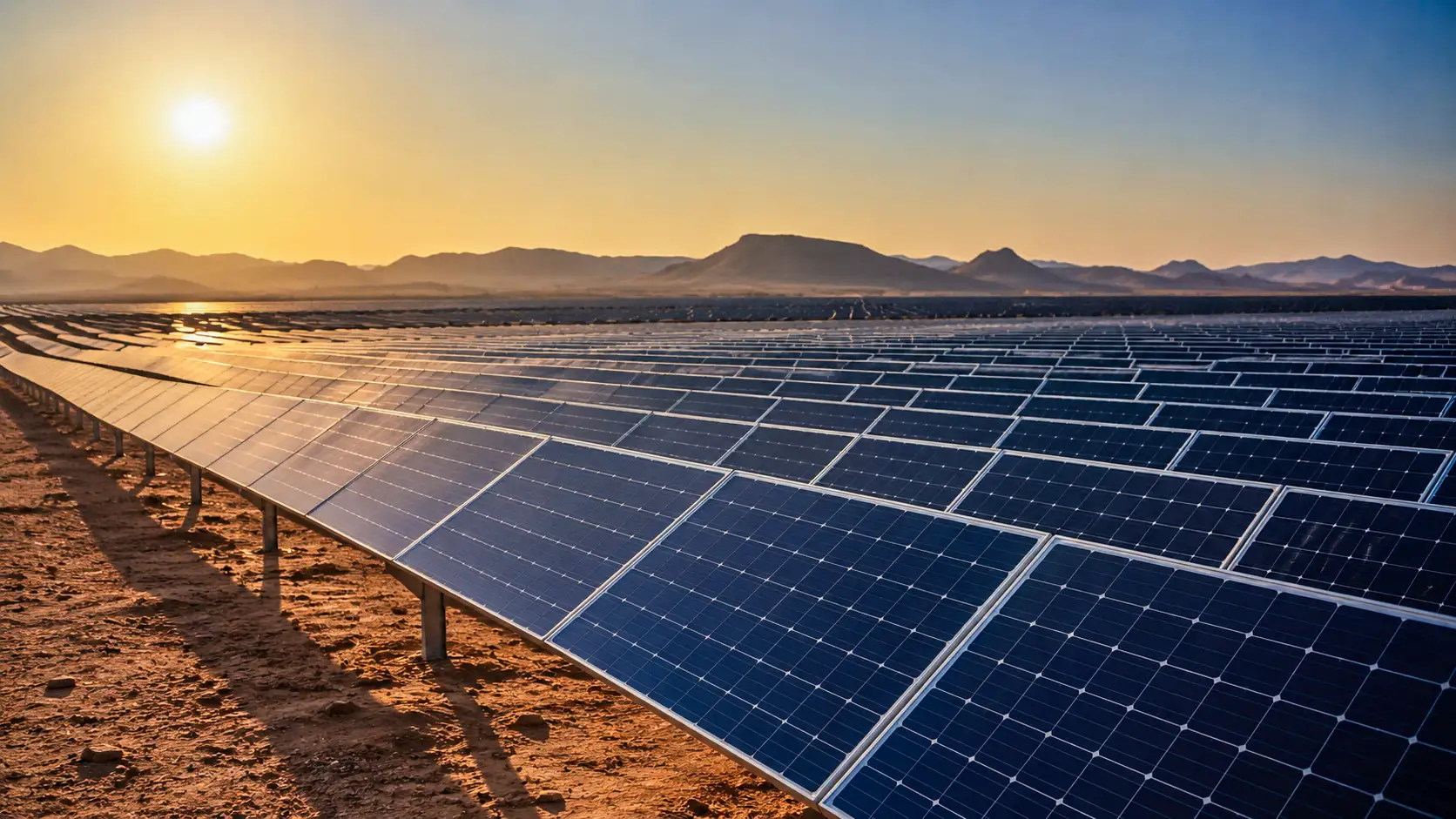 Une immense ferme solaire s’étend dans un paysage aride africain, avec des rangées de panneaux photovoltaïques éclairées par le soleil.