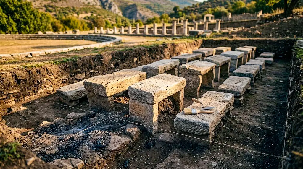 Vue en contre-plongée d'outils d'archéologue (truelle et pinceau) posés sur une rangée de bancs en pierre antiques excavés, avec des ruines grecques et des collines en arrière-plan.