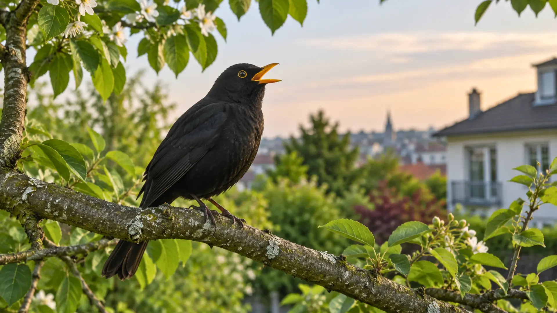 Merle noir mâle au bec jaune orangé chantant sur une branche dans un jardin urbain.