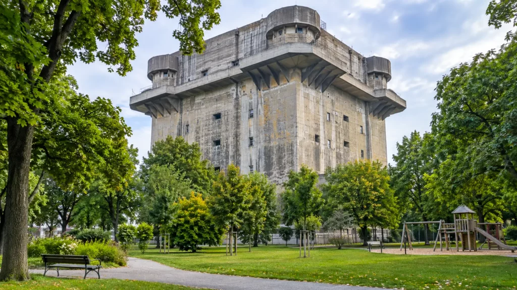 La massive G-Turm en béton domine les arbres et pelouses de l’Arenbergpark à Vienne.