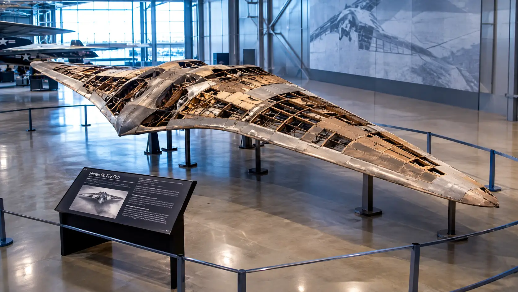 Prototype Horten Ho 229 V3 exposé dans un hangar aéronautique avec sa structure partiellement visible