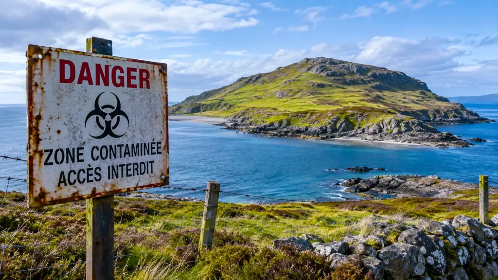 Île écossaise isolée derrière une clôture et un panneau de zone contaminée
