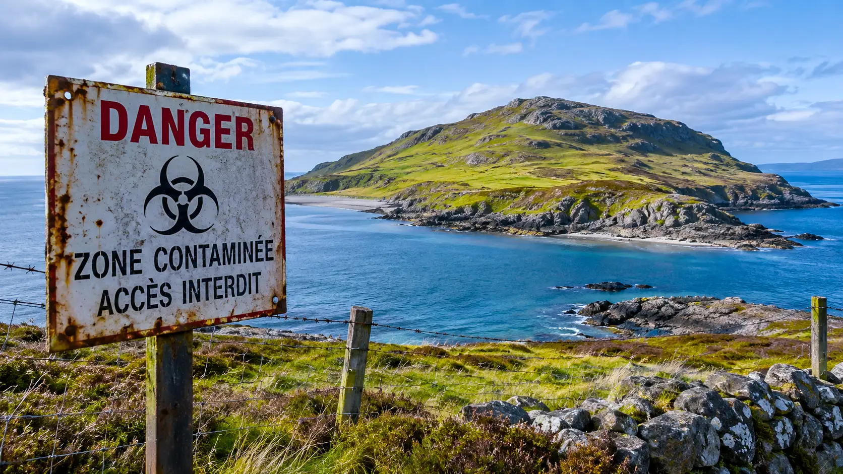 Île écossaise isolée derrière une clôture et un panneau de zone contaminée